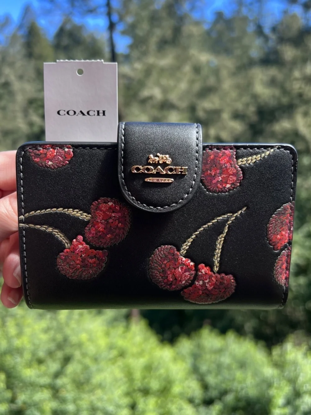 COACH Medium Black Leather Wallet w Red Sequin Cherry Print & Gold Hardware NWT